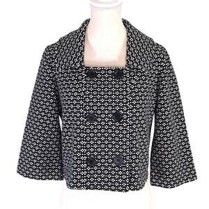 WHBM Jacket Womens 4 Black White Print Crop Stretch Knit Blazer Double Breasted